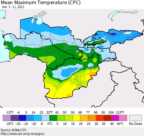 Central Asia Mean Maximum Temperature (CPC) Thematic Map For 12/5/2022 - 12/11/2022