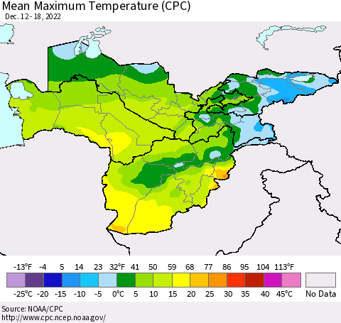 Central Asia Mean Maximum Temperature (CPC) Thematic Map For 12/12/2022 - 12/18/2022