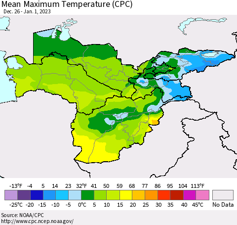 Central Asia Mean Maximum Temperature (CPC) Thematic Map For 12/26/2022 - 1/1/2023