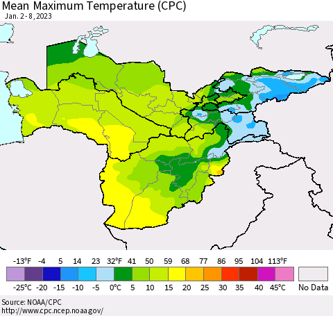 Central Asia Mean Maximum Temperature (CPC) Thematic Map For 1/2/2023 - 1/8/2023