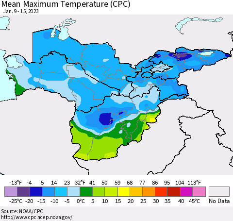 Central Asia Mean Maximum Temperature (CPC) Thematic Map For 1/9/2023 - 1/15/2023