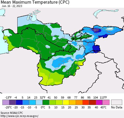 Central Asia Mean Maximum Temperature (CPC) Thematic Map For 1/16/2023 - 1/22/2023