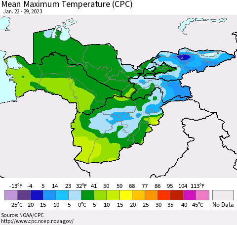 Central Asia Mean Maximum Temperature (CPC) Thematic Map For 1/23/2023 - 1/29/2023