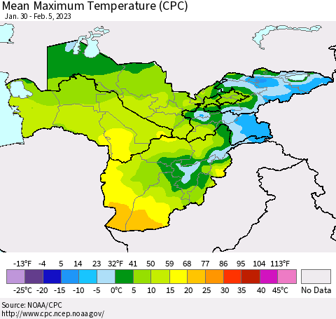 Central Asia Mean Maximum Temperature (CPC) Thematic Map For 1/30/2023 - 2/5/2023
