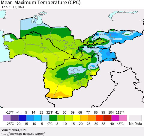 Central Asia Mean Maximum Temperature (CPC) Thematic Map For 2/6/2023 - 2/12/2023