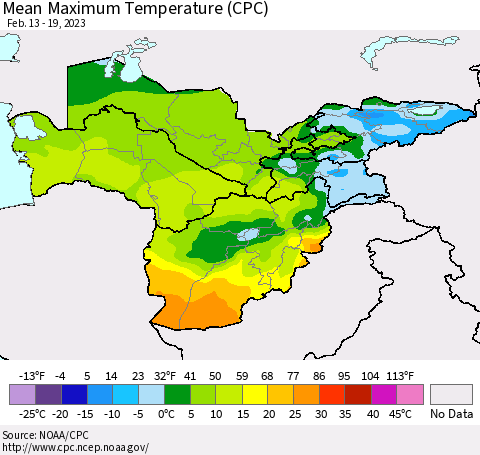 Central Asia Mean Maximum Temperature (CPC) Thematic Map For 2/13/2023 - 2/19/2023