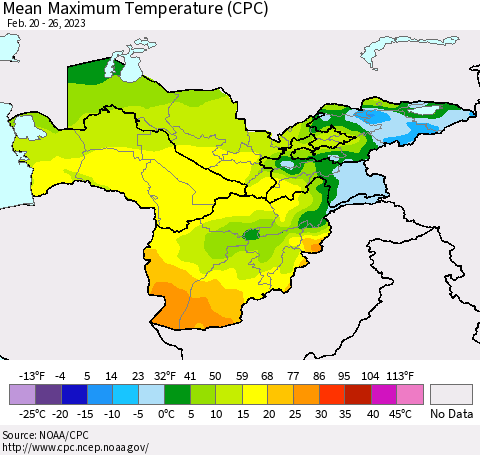 Central Asia Mean Maximum Temperature (CPC) Thematic Map For 2/20/2023 - 2/26/2023