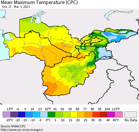 Central Asia Mean Maximum Temperature (CPC) Thematic Map For 2/27/2023 - 3/5/2023