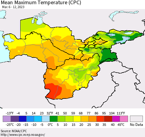 Central Asia Mean Maximum Temperature (CPC) Thematic Map For 3/6/2023 - 3/12/2023