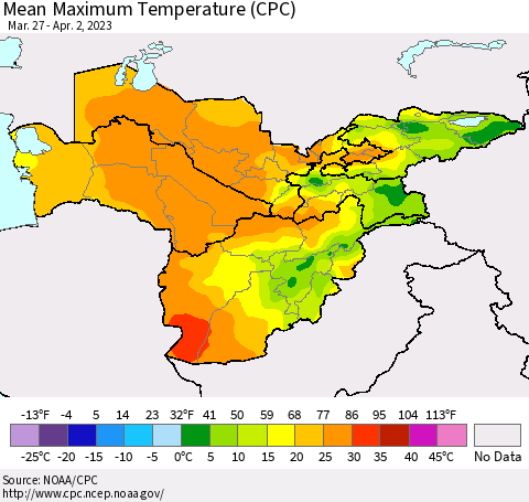 Central Asia Mean Maximum Temperature (CPC) Thematic Map For 3/27/2023 - 4/2/2023
