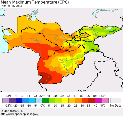 Central Asia Mean Maximum Temperature (CPC) Thematic Map For 4/10/2023 - 4/16/2023
