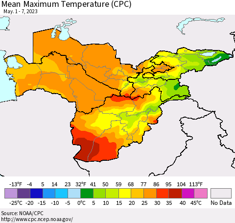 Central Asia Mean Maximum Temperature (CPC) Thematic Map For 5/1/2023 - 5/7/2023