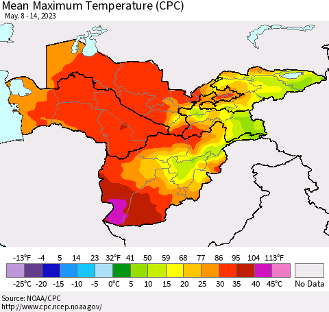 Central Asia Mean Maximum Temperature (CPC) Thematic Map For 5/8/2023 - 5/14/2023
