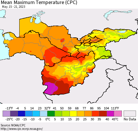 Central Asia Mean Maximum Temperature (CPC) Thematic Map For 5/15/2023 - 5/21/2023