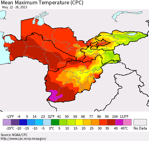 Central Asia Mean Maximum Temperature (CPC) Thematic Map For 5/22/2023 - 5/28/2023