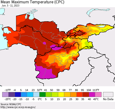 Central Asia Mean Maximum Temperature (CPC) Thematic Map For 6/5/2023 - 6/11/2023