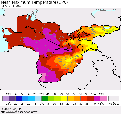 Central Asia Mean Maximum Temperature (CPC) Thematic Map For 6/12/2023 - 6/18/2023