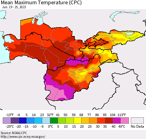 Central Asia Mean Maximum Temperature (CPC) Thematic Map For 6/19/2023 - 6/25/2023