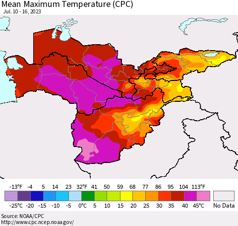 Central Asia Mean Maximum Temperature (CPC) Thematic Map For 7/10/2023 - 7/16/2023