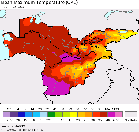 Central Asia Mean Maximum Temperature (CPC) Thematic Map For 7/17/2023 - 7/23/2023