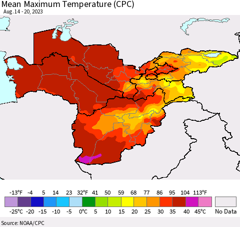 Central Asia Mean Maximum Temperature (CPC) Thematic Map For 8/14/2023 - 8/20/2023