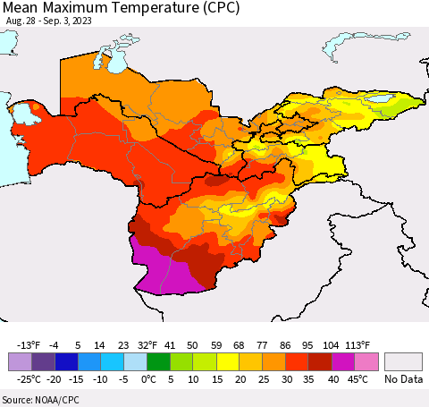 Central Asia Mean Maximum Temperature (CPC) Thematic Map For 8/28/2023 - 9/3/2023
