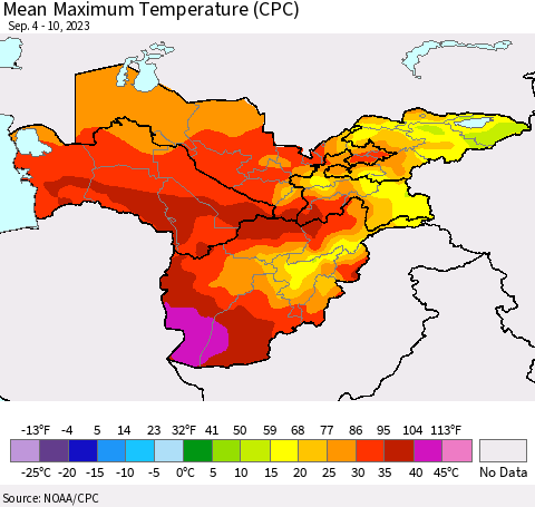 Central Asia Mean Maximum Temperature (CPC) Thematic Map For 9/4/2023 - 9/10/2023