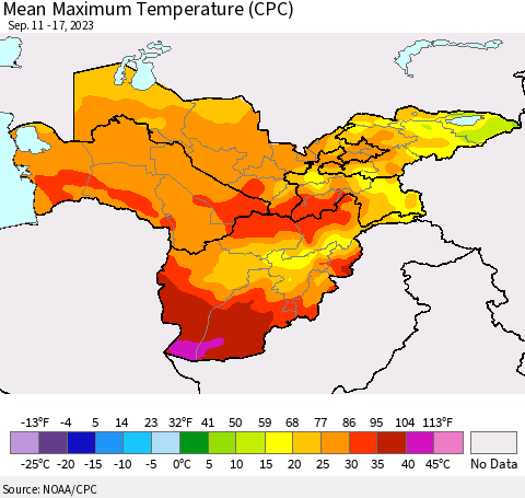 Central Asia Mean Maximum Temperature (CPC) Thematic Map For 9/11/2023 - 9/17/2023