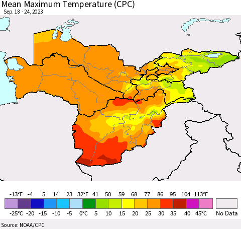 Central Asia Mean Maximum Temperature (CPC) Thematic Map For 9/18/2023 - 9/24/2023