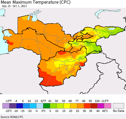 Central Asia Mean Maximum Temperature (CPC) Thematic Map For 9/25/2023 - 10/1/2023