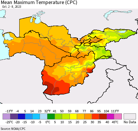 Central Asia Mean Maximum Temperature (CPC) Thematic Map For 10/2/2023 - 10/8/2023