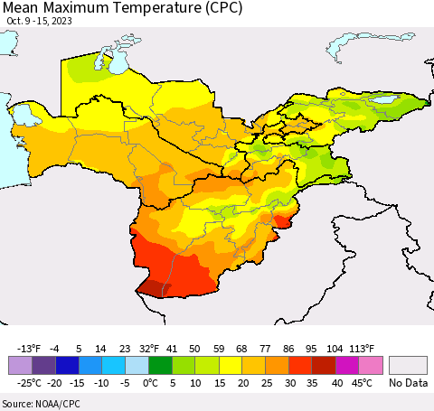 Central Asia Mean Maximum Temperature (CPC) Thematic Map For 10/9/2023 - 10/15/2023