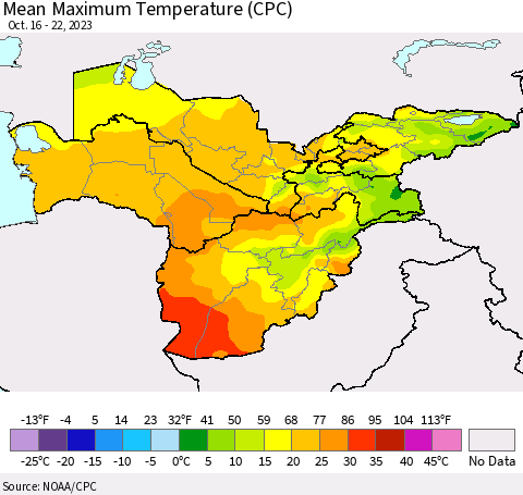 Central Asia Mean Maximum Temperature (CPC) Thematic Map For 10/16/2023 - 10/22/2023