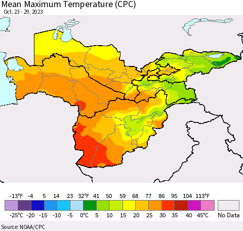Central Asia Mean Maximum Temperature (CPC) Thematic Map For 10/23/2023 - 10/29/2023