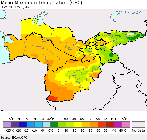 Central Asia Mean Maximum Temperature (CPC) Thematic Map For 10/30/2023 - 11/5/2023