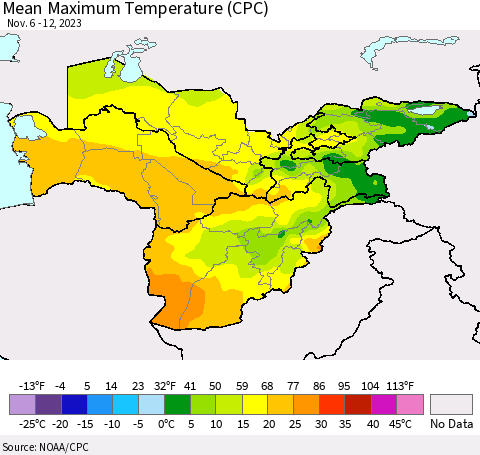 Central Asia Mean Maximum Temperature (CPC) Thematic Map For 11/6/2023 - 11/12/2023