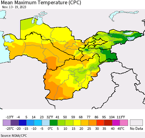 Central Asia Mean Maximum Temperature (CPC) Thematic Map For 11/13/2023 - 11/19/2023