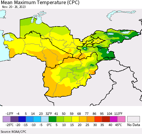 Central Asia Mean Maximum Temperature (CPC) Thematic Map For 11/20/2023 - 11/26/2023