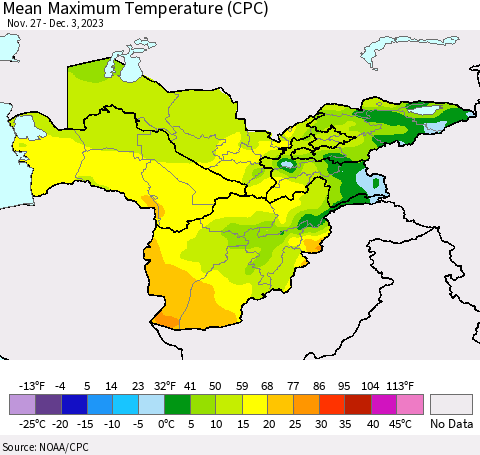 Central Asia Mean Maximum Temperature (CPC) Thematic Map For 11/27/2023 - 12/3/2023