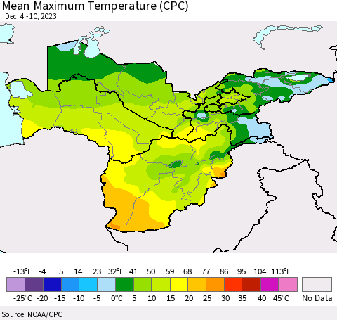 Central Asia Mean Maximum Temperature (CPC) Thematic Map For 12/4/2023 - 12/10/2023