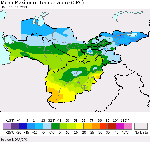 Central Asia Mean Maximum Temperature (CPC) Thematic Map For 12/11/2023 - 12/17/2023