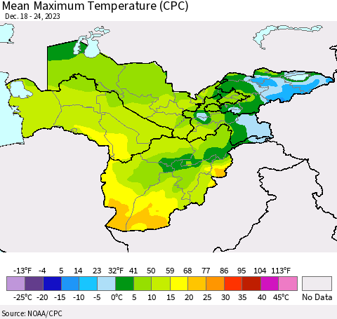 Central Asia Mean Maximum Temperature (CPC) Thematic Map For 12/18/2023 - 12/24/2023