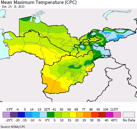 Central Asia Mean Maximum Temperature (CPC) Thematic Map For 12/25/2023 - 12/31/2023