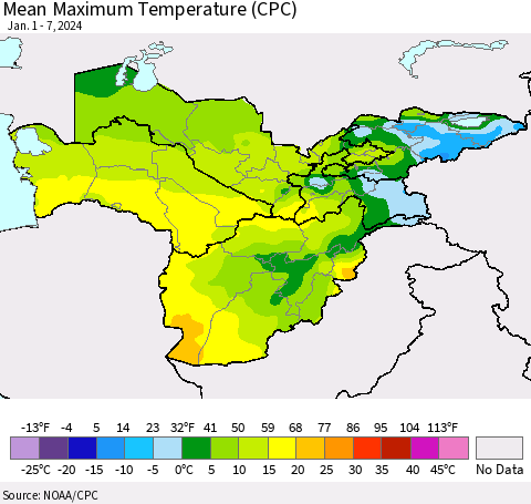 Central Asia Mean Maximum Temperature (CPC) Thematic Map For 1/1/2024 - 1/7/2024