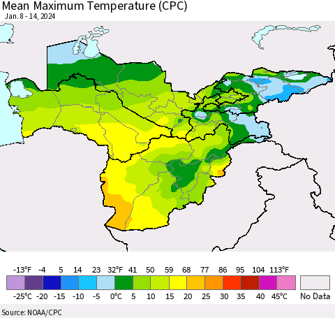 Central Asia Mean Maximum Temperature (CPC) Thematic Map For 1/8/2024 - 1/14/2024