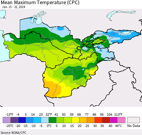 Central Asia Mean Maximum Temperature (CPC) Thematic Map For 1/15/2024 - 1/21/2024