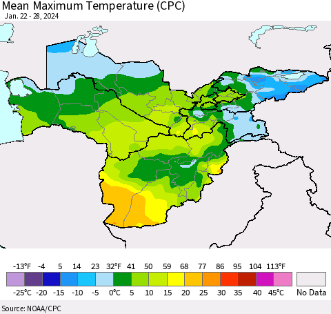 Central Asia Mean Maximum Temperature (CPC) Thematic Map For 1/22/2024 - 1/28/2024
