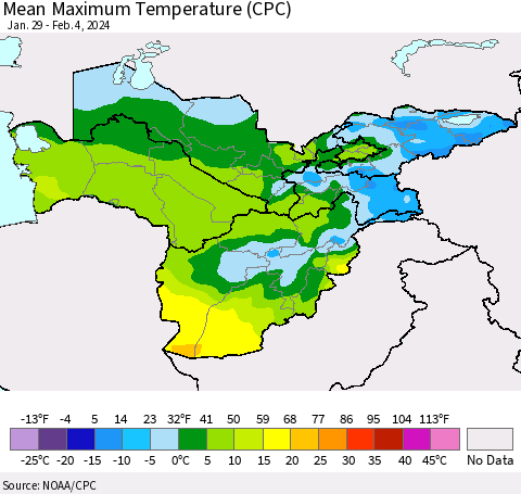 Central Asia Mean Maximum Temperature (CPC) Thematic Map For 1/29/2024 - 2/4/2024