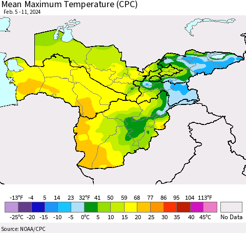 Central Asia Mean Maximum Temperature (CPC) Thematic Map For 2/5/2024 - 2/11/2024