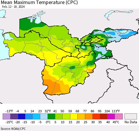 Central Asia Mean Maximum Temperature (CPC) Thematic Map For 2/12/2024 - 2/18/2024